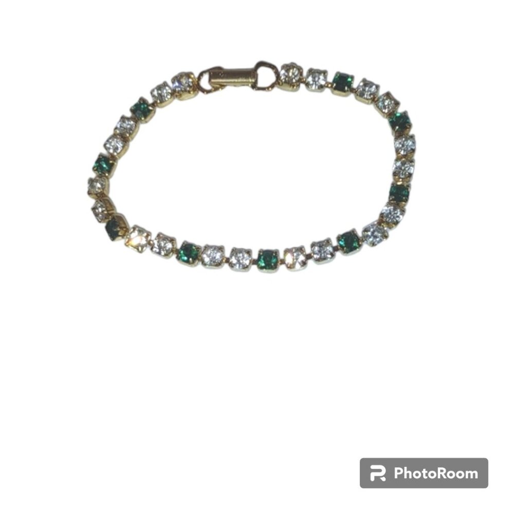Vintage Rhinestone Clear Crystal and Emerald Green Rhinestone Gold Tone Bracelet